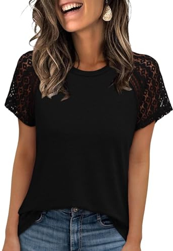 Chicrise Tshirt Femme Manches Courte Dentelle Haut Chic et Élégant Col Rond Basique Top Casual Léger