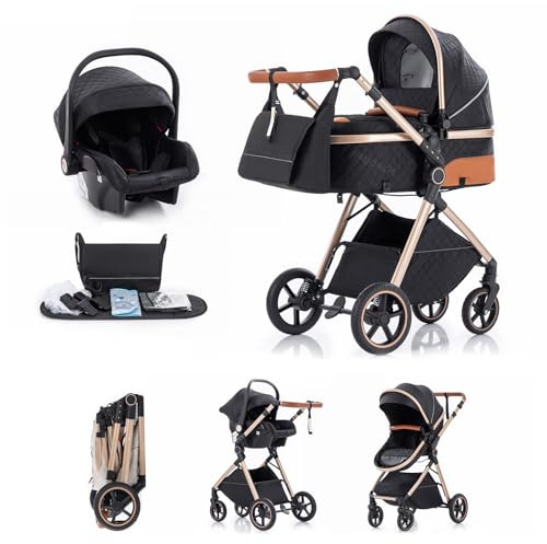 Kakbgee Cochecito 3 en 1 con Silla de Coche, Carrito bebé Plegable, Manillar 7 Alturas, Suspensión 4 Ruedas, Funda de Lluvia y Mosquitera, Sistema de Viaje para Recién Nacidos 0-3 Años (15kg), Negro