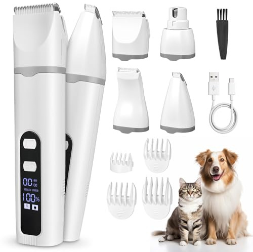 AOOTE 4 In 1 Tosatrice per Cani e Gatti, Kit Silenziosa Rasoio per Cani, Tagliacapelli Professionale per Gatti, con Smerigliatrice Unghi, 4 Pettini Guida, Display LED, USB, per Corpi, Occhi, Viso