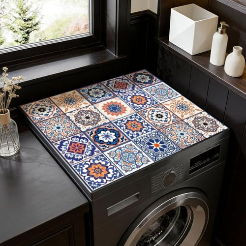 SUPERDANT Copertura per Lavatrice con Top Pad per Asciugatrice Cima di Lavatrice o Asciugatrice Tappetino Protettivo per Accessori Lavatrice Antiscivolo Impermeabile Modello Piastrelle Fiori 60x50cm