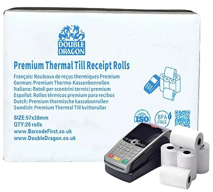 Double Dragon 57mm x 38mm Ingenico Thermal PDQ Receipt Paper Rolls | Eco-Friendly, Affordable, BPA-Free | Compatible with Verifone, Spire, Pax Credit Card Machines (Pack of 20)