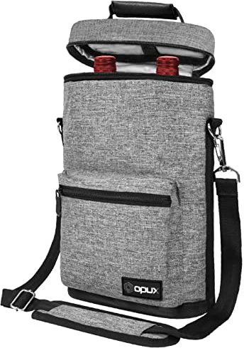opux Wine Bag 2 Bottle Wine Tote Carrier, Insulated Wine Cooler Bag for Travel Picnic, Leakproof Portable Padded Case, Wine Gifts For Women Men Wine Lovers Christmas, Heather Gray