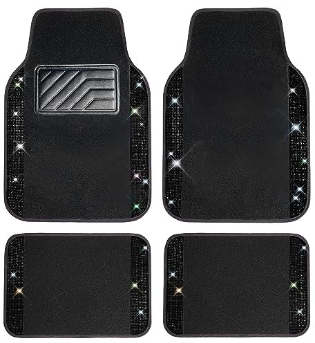 CAR PASS Bling Diamant Auto Fußmatten, Glänzend Glitzernder Kristall, Universal Fussmatten Auto mit Rutschfestem PVC Fersenpolster für SUV Limousine Van, 4 Stück für Mädchen Damen Herren(Schwarz)