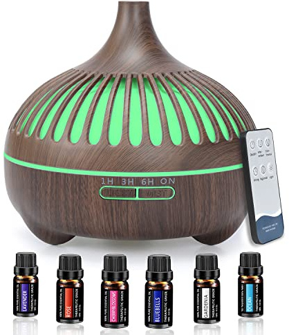 Diffusore di Aroma con 6x10ml Oli Essenziali, ad Ultrasuoni con 7 Colori LED, 4 ImpostazioneTimer, Senza BPA (Marrone, Grana del legno)