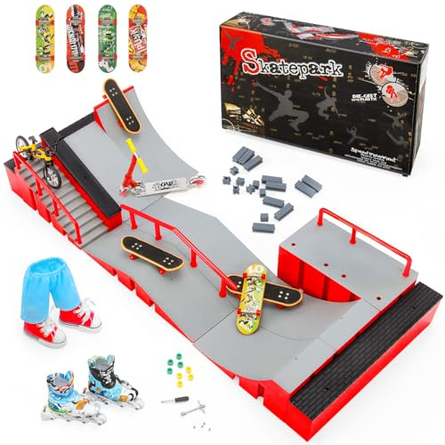 Hamino Fingerboard Skate Park Ramp Kit, Finger Skateboards Toys with Skates Sports Shorts Tool Kit, Mini Fingerskateboards Training Props Interactive Freestyle Skate Game for Kids Adults