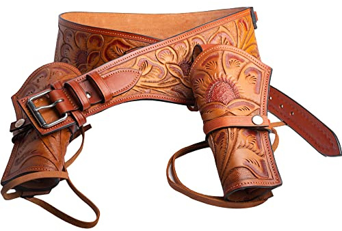 Hulara-Western-Pistolenholster. 45 Auto. 45 AKP. 44/45 Kaliber Cowboy Holster für Revolver Vollnarbenleder Pistolenholster mit Gürtel für Männer Kakaobraun doppelseitig S3