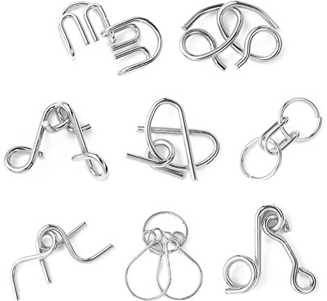 Pewell Juego de Rompecabezas de Alambre de Metal | 8pcs Brain Teaser IQ Test Disentanglemen Iron Link Unlock Interlock Game - Surtido de Juguetes de Rompecabezas de Metal para Regalos, favores
