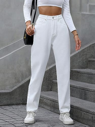 Solid Slant Pocket Mom Fit Jeans - High Waist Tapered/Carrot Denim Pants for Women (Color : White, Size : 30)