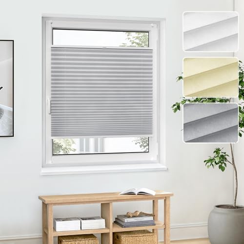 Jalousiescout Plissee Klemmfix ohne Bohren—Jalousie 135x140cm grau Sichtschutz Fenster Sonnenschutz, Lichtdurchlässig Faltrollo für Fenster & Tür, Basis-Vliesstoff Pure Plissee