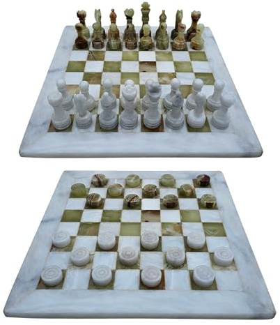 Combo Set Schackspel damspel brädspel 12 tum/30 cm inkl. 32 schackpjäser 24 damesteiner färg vitgrå marmor och grön onyx