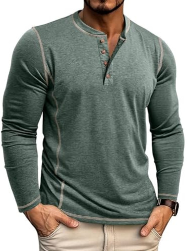 LAOARA T Shirt Manche Longue Homme Tee-Shirt Long Coton Henley T-Shirts Col Roulé Casual Tshirt Vert M
