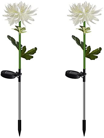 DLAZUM 2 Luces solares de crisantemo, luz de jardín para Exteriores, Luces LED con Forma de Flor, lámpara Decorativa Impermeable para jardín con estaca,White