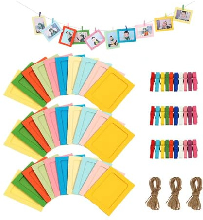 YZROHYI 30 PCS Marco de Fotos Carton Colorido 11.5×15.5 CM,Marco de Papel Para Fotos Colgante,Colgar Fotos Pared con Pinzas Madera y Cuerda de Yute,Portafotos Multiple Colgante para Decoración