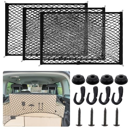 AKOLAFE 3 Pack Cargo Net 60x100CM Storage Nets for Campervans, Elastic Mesh Car Storage Net with Hooks Black Car Trunk Accessories for Van, Car, Truck