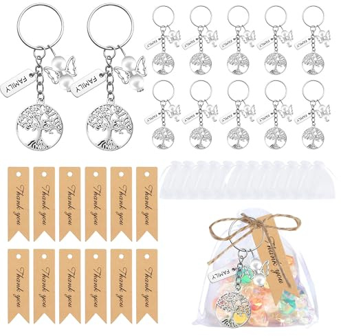HAIOBIN 12 Piezas Llavero ángel de la Guarda con Colgante Árbol de la Vida + Bolsa de Organza + Etiquetas Kraft de Ángel para Bodas Bautizos Partido Navidad Regalos