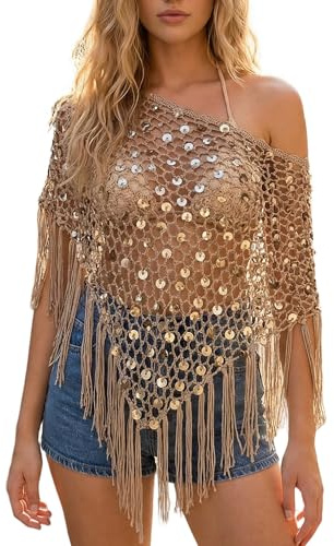 SANSIWU Women's Fringe Crochet Sequin Poncho Top Y2k See Through Hollow Out Knit Shrug Shawl Lightweight Beach Cover Up (A-Brown, S)