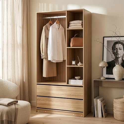[en.casa] Armoire Ouverte Vippsaki avec 4 Compartiments de Rangement 2 Grands Tiroirs Barre de Penderie Stockage pour Chambre Dressing Portant à Vêtements 200 x 100 x 50 cm Effet Chêne