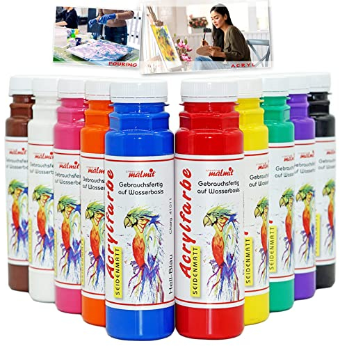 Play malmit® hochwertige Acrylfarbe 10er Set je 250ml | Malfarbe in Seidenmatt | Künstler Farbe | Made in Germany | für Leinwand, Holz, Stein, Pappe | geeignet für Pouring Technik