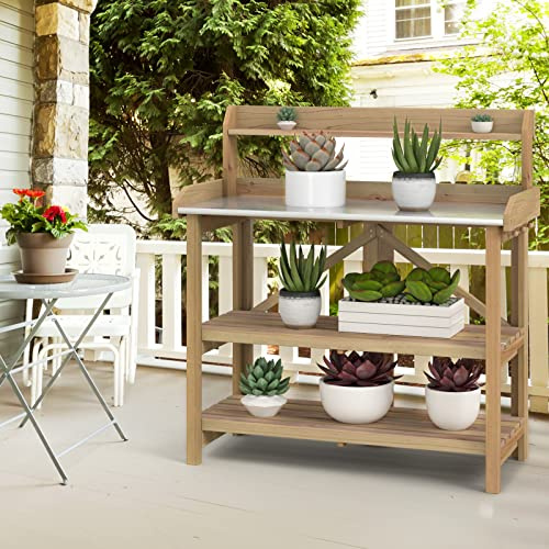 S AFSTAR Garden Potting Bench, Gardening Work Station Table with 2 Storage Shelves, Fir Wood Structure & Metal Tabletop, Garden Table Potting Benches for Outside, Backyard & Balcony