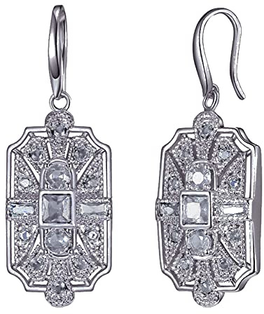 Silver Tone Geometric Classic Art Deco Flapper Antique Retro Style Wedding Bridal Prom Formal Gatsby Party Rhinestone Dangle Earrings