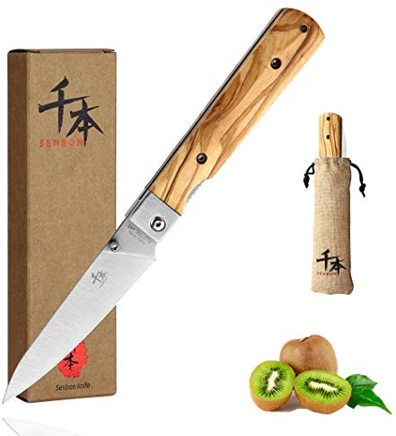 SENBON 440A Acier Inoxydable Ultra Sharp Poche Pliant Style japonais Peeling Couteau Utilitaire Olive Naturelle Poignée Camping Voyage En Plein Air Portable Couteau