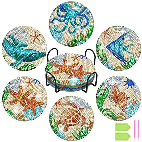 AUAUY 6 Pack Diamant-Maluntersetzer mit Ständer, Diamond Painting Untersetzer DIY Tier Diamant Malset DIY Diamant Kunsthandwerkszubehör für Anfänger, Erwachsene und Kinder Geburtstag