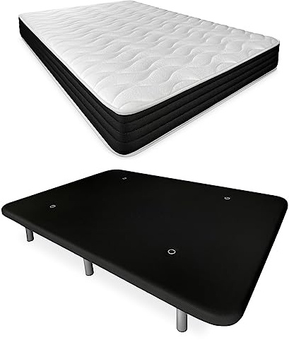 Duérmete Online - Cama Completa con Colchón Pocket Visco Reversible + Base Tapizada Reforzada Color Negro con 6 Patas Metálicas Roscadas, 150 x 190