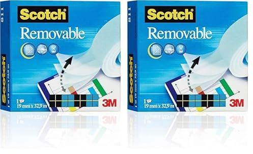 Scotch Removable Klebeband, 1 Rolle matt 19 mm x 32.9 m. - wiederablösbar, unsichtbar, beschriftbar und schattenfrei kopierbar (Packung mit 2)