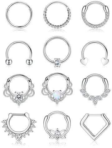 YADOCA 12pcs 16G Septum Rings for Women Men Hypoallergenic Surgical Steel Nose Piercings Jewelry Clicker Hinged Tragus Hoop Earrings CZ Love Nose Ring 8-10mm