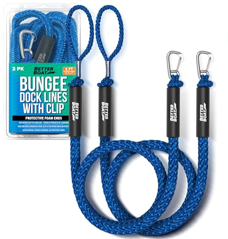 Better Boat Blue Marine Grade Bungee Dock Lines, 2 Pieces, Stainless Steel, 4ft-5.5ft, Elastic Cords & S-Hooks
