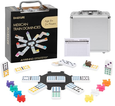 DAILYLIFE Mexican Train Dominoes Set, Double 12 Dominoes Set with Portable Case, 91 Tiles Colored Dominos Set for Adults, Mexican Train Games for Family Night, Travel, Party