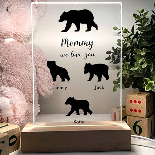Bear Family Light Up Display - Daddy and Momma Bears Plus 4 Baby Bear Choices. Includes Premium Wood LED Base. This is Decorative and Functional. Handcrafted in CT, USA. (Mommy - We Love You)