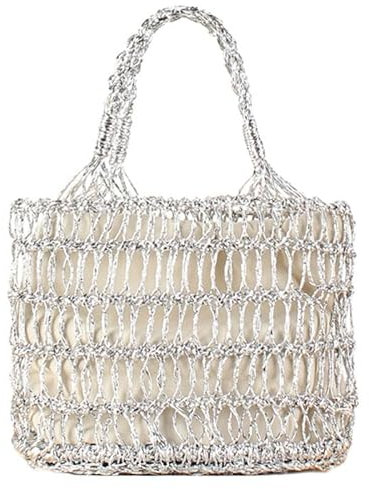 MOISTRI Gewebte Einkaufstasche für Frauen Große hohle Netz-Strandtasche Tote Holiday Bucket Bags Casual Shopping Stroh Boho Tasche Handtasche Silber