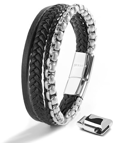 SERASAR Pulsera Plata Hombre 20cm Plateado de Cuero Pulseras Hombres Brazalete Pulso Muñequeras Bisutería Joyeria Cuerdas Bracelet Mens Jewellery Unisex Ancha