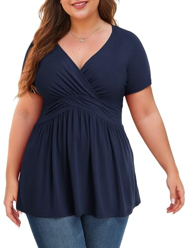 Anelune Plus Size Tops for Women, Short Sleeve Tunic Blouse, Navy Blue, 4XL