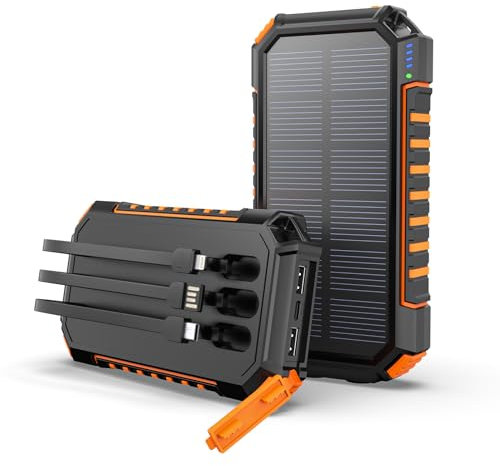 Cargador Solar 27000mAh Power Bank - Hiluckey 15W Portátil Batería Externa USB C Carga Rápida con 3 Cables y 3 Puertos para Smartphones, Tabletas y Acampar al Aire Libre