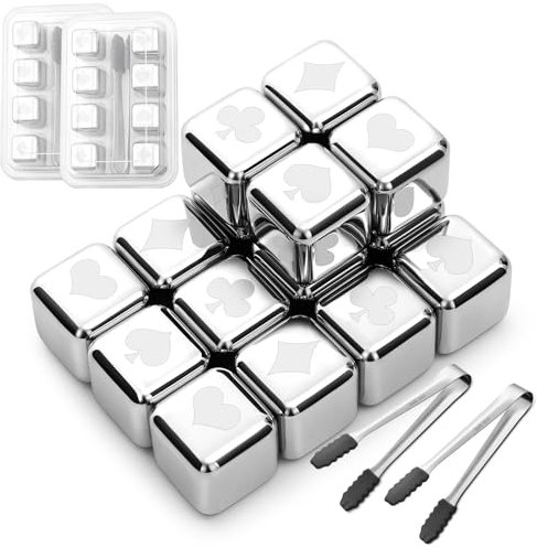 Lot de 16 Glaçons en Acier Inoxydable - Glaçons Réutilisables en Acier Inoxydable avec Clips, Metal Whiskey Stones pour Cadeaux de La Fête des Pères pour Les Hommes Mari et Papa, Poker style