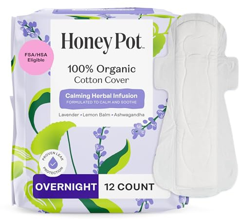 Organic Calming Herbal Infusion, Pads with Wings, Overnight, 12 Count, The Honey Pot Company
