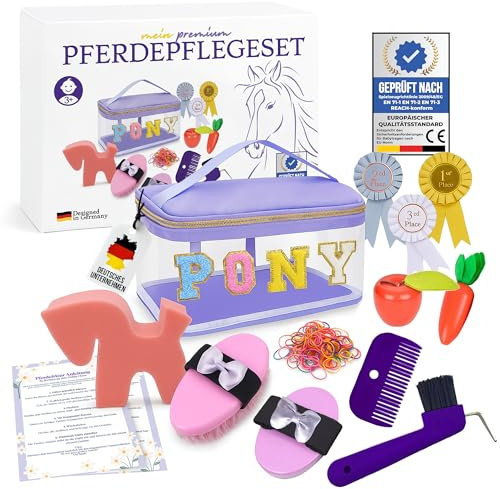 HIMMELSKRAFT® Hobby Horse Zubehör – Echtes Pferdepflegeset & Putztasche für Kinder – Mit Bürsten, Hufkratzer, Schleifen – Geschenk für Pferde Mädchen, Hobby Horsing & Steckenpferd
