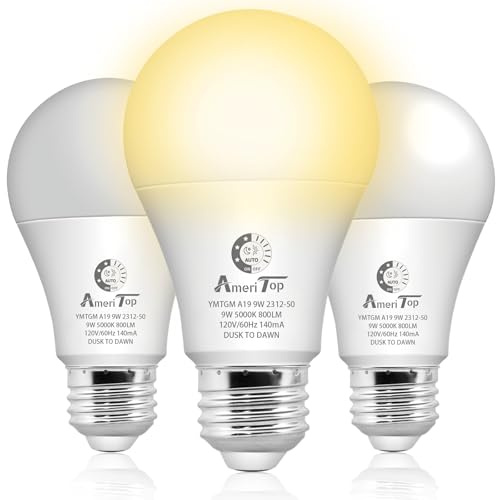 AmeriTop Dusk to Dawn Light Bulb- 3 Pack, A19 LED Sensor Light Bulbs; Automatic On/Off, 800 Lumen, Energy Efficient 9W(60 Watt Equivalent), E26 Base, Indoor/Outdoor Lighting Bulb (3000K Warm White)