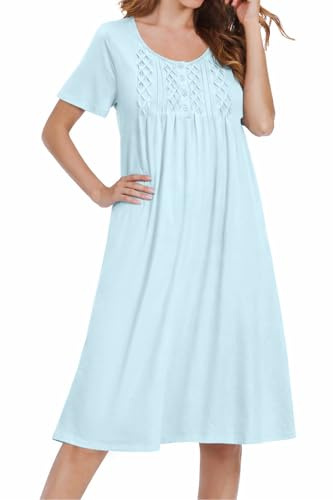 Ekouaer Cotton Nightgowns for Women Short Sleeve House Dress Pleated Night Gown Button Sleep Shirt Ladies Nightdress Baby Blue XXX-Large