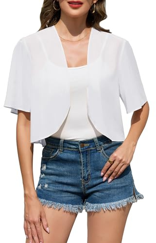 Sopesil Boléro Femme Léger en Tulle Blouson Transparent Manches Courtes Veste d'Été à Porter avec Robe Dos Nu ou Débardeur Blanc,M