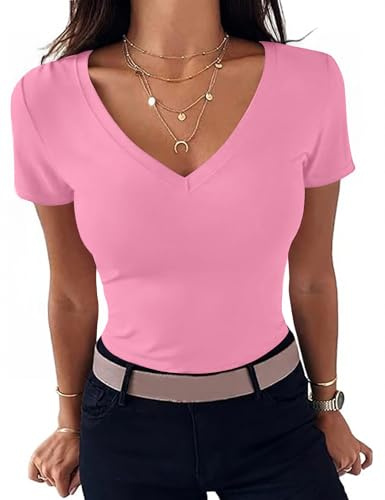 Totatuit Summer Tops for Women UK Sexy T-Shirt with V-Neck Short Sleeve | Ladies Basic Slim Fit Cotton Tee Lightweight Top Easy to Pair With Shorts Trousers And Skirts in Spring Summer