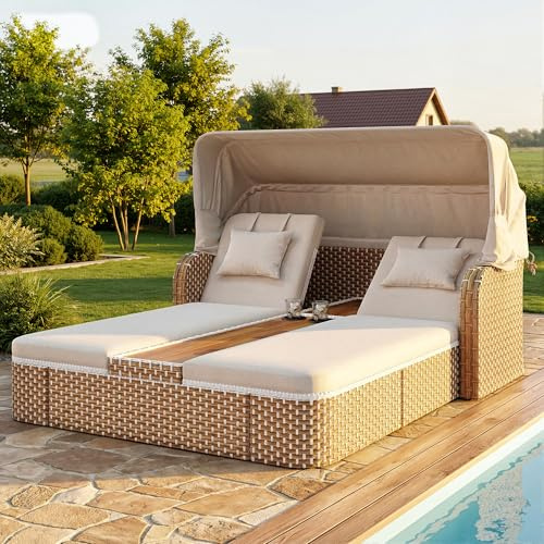 Trdlpyn Lettino da Giardino in Rattan con Tettoia Apribile, 5 Livelli Regolabili, Cuscini Inclusi, Gruppo di sedute per Patio e Piscina, Mobili da giardino Resistenti alle Intemperie (Beige)
