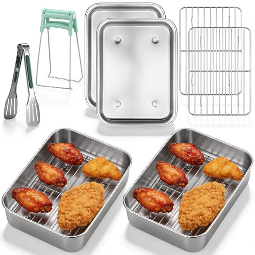 Zocipro Accessori Air Fryer Acciaio Inox 304, 5 Pezzi con 2 Teglie, 2 Griglie e Pinza Antiscottatura, Lavabili in Lavastoviglie, Compatibili con Ninja Foodi AF300EU/AF400EU/AF451EU/AF500EU