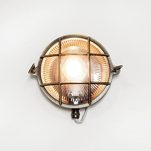Licht-Erlebnisse Wandleuchte Außen Messing Glas Antik IP64 Balkon Haus Ø24 cm E27 max. 18 W rund Rustikal Maritime Wandaußenleuchte Garten SERIFOS