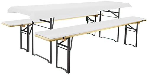 Brandsseller Auflagenset für Bierzeltgarnituren 3-teilig 2 Bankauflagen gepolstert 220x25 cm und 1 Tischdecke 240x90 cm für alle gängigen Festzeltgarnituren Bierbankauflagen Outdoor - Weiß