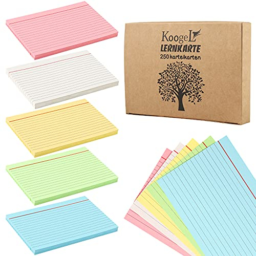Koogel Karteikarten A6 liniert, 250 Stück in 5 Farben, Lernkarten für Notizen, Vokabeltraining, Prüfungsvorbereitung, School Supplies, 14,8 x 10,5 cm