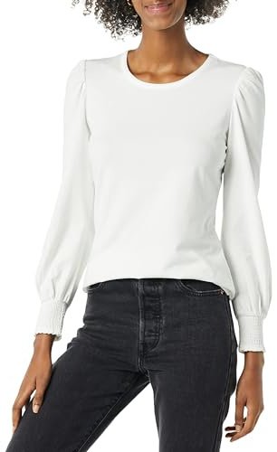 Amazon Essentials Women's Long-Sleeve Crewneck Smocked Cuff T-Shirt, White, M