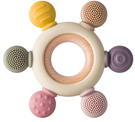 Arudyo Baby Teething Toys Silicone Teethers BPA Free Silicone Rudder with Wooden Ring Soothe Babies Gums (Khaki)